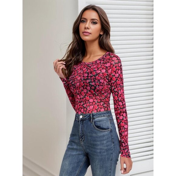 🆕WomenDark Red Floral Mesh Top Crew Neck Long Sleeve Sexy See Through Polyester - Picture 5 of 7